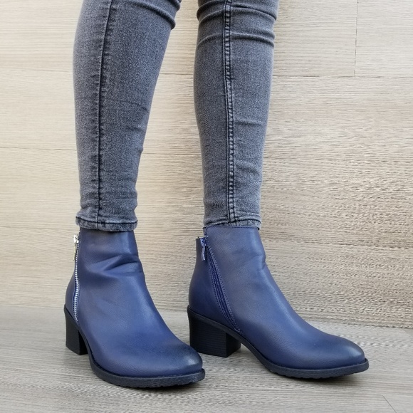 Navy Faux Leather Ankle Boots W/ Silver Zipper - Picture 4 of 7